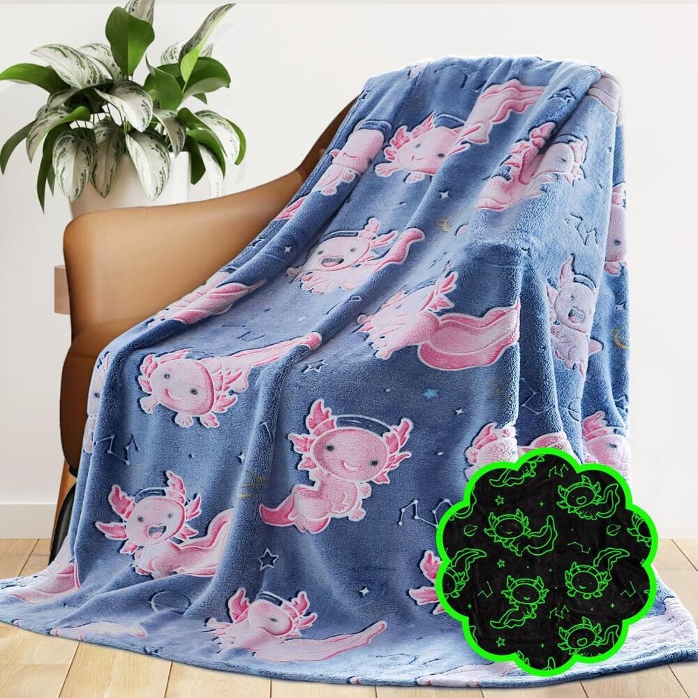 Glow in the Dark Axolotl Blanket Pink Soft Cozy Throw for Girls Teens 50x60